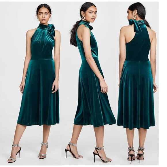 Black Halo Audrey Dress Green Sleeveless Velvet Halter Midi Dress Size 10 - Picture 1 of 15